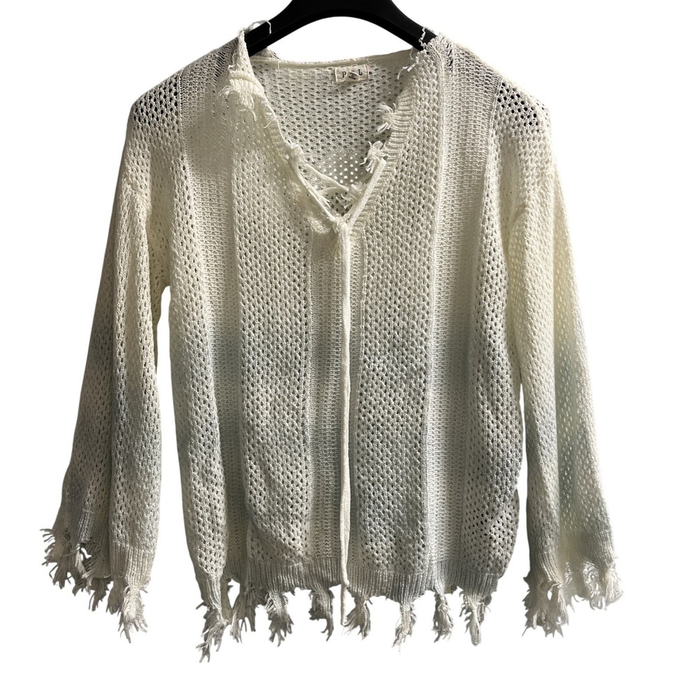 POL Top White Blue Ombre Distressed Raw Edge Sheer Knit Size S Tie‎ Neck Boho